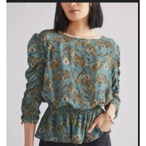 Anthropologie Caballero Cheetah Print Ruched Sleeve‎ Blouse - S